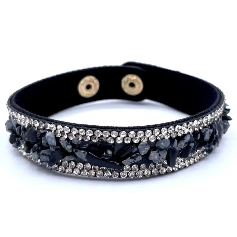 Black Faux Leather with Crystal and Chip Boho Adjustable Bracelet